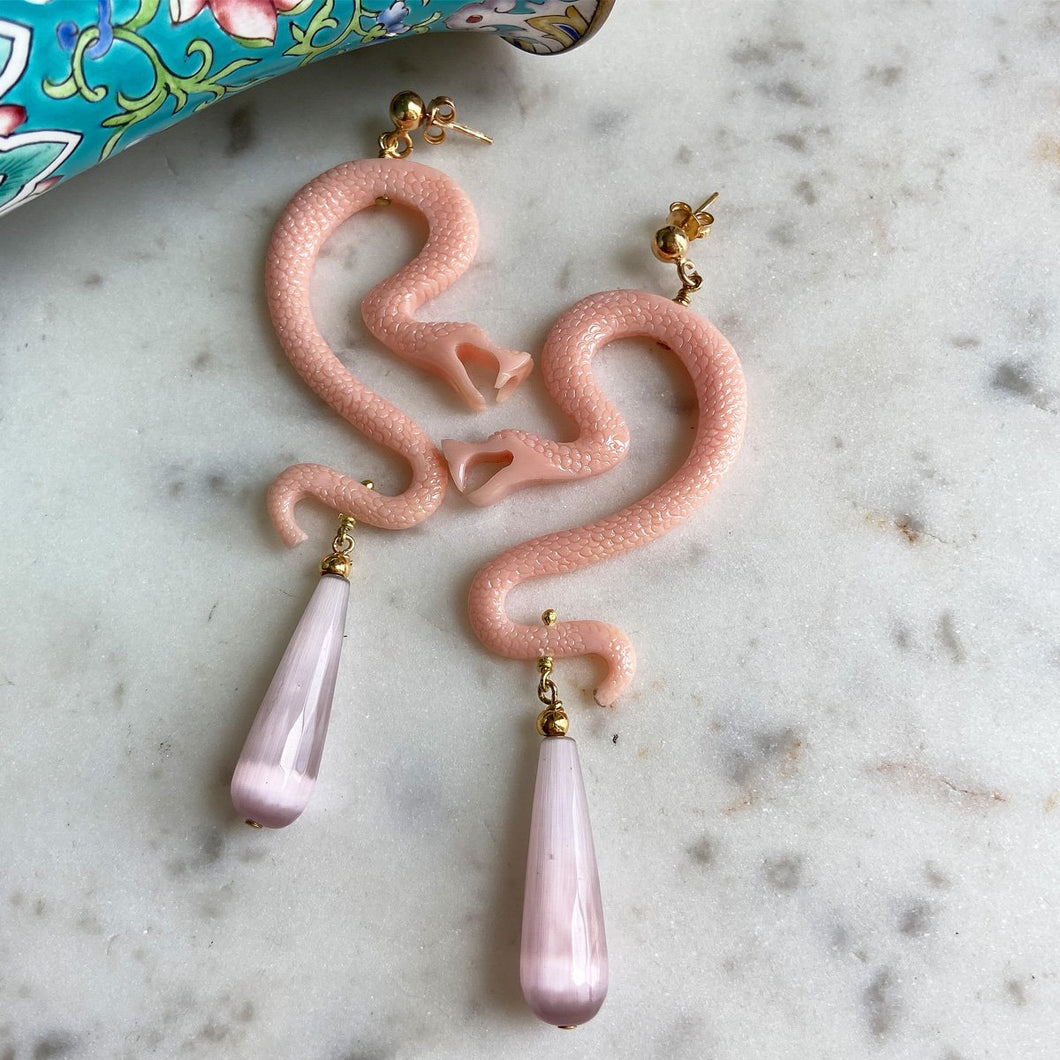 Nuwa Light Pink Resin Snake Earrings with Drops