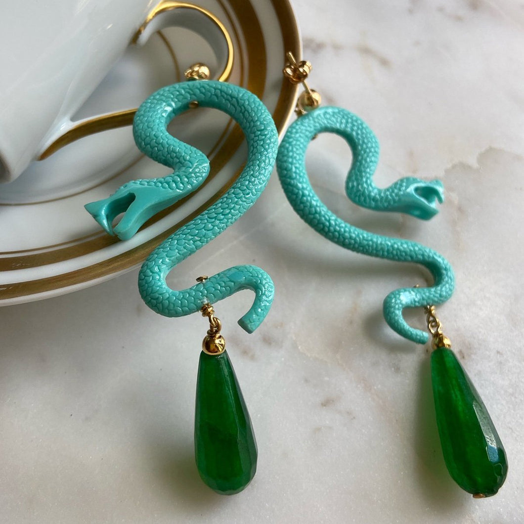 Nuwa Turquoise Resin Snake Earrings with Drops